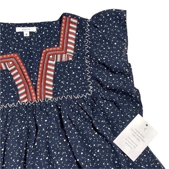 Maette Navy Blue Embroidered Cap Sleeve Blouse M - Picture 3 of 8